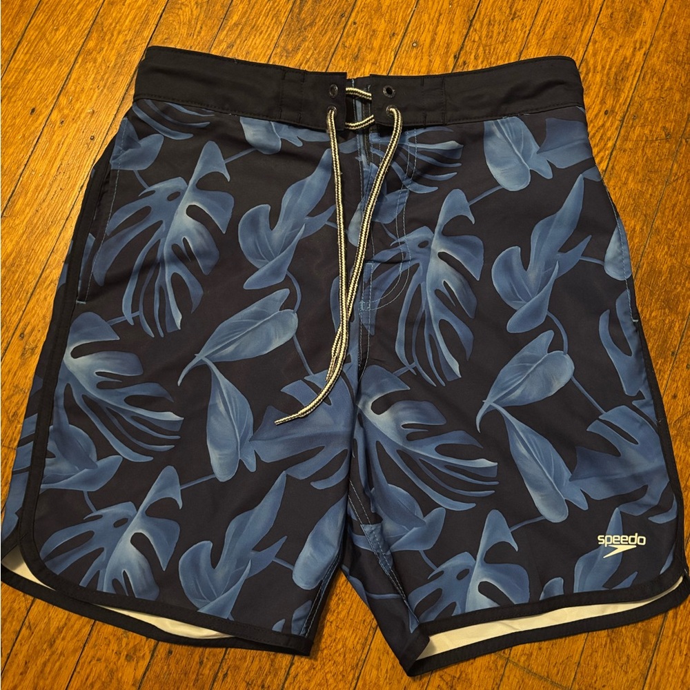 Speedo Blue and Black Board Shorts with Tropical Leaf Design